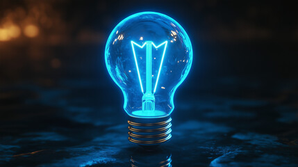 Blue light bulb with neon frame, low poly design, stock illustration concept, modern 3D graphic, futuristic technology