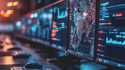 High-Tech Control Room Displaying Digital Surveillance Technology with Multiple Monitors Showcasing Real-Time Data Analytics and Tracking Systems for Security Operations