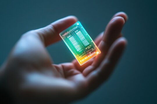 A hand is holding a micro biochip that projects holographic health metrics in a futuristic environment. Generative AI
