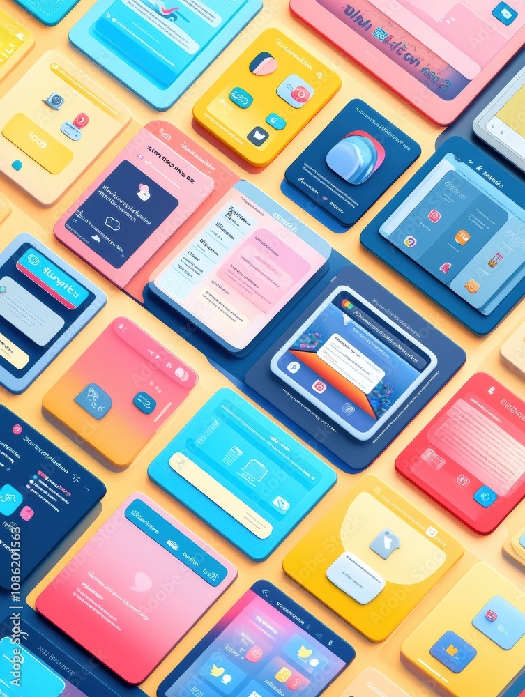 Aufkleber The layout features a dynamic collection of social media application interfaces in various colors and styles, focusing on user interaction. Generative AI