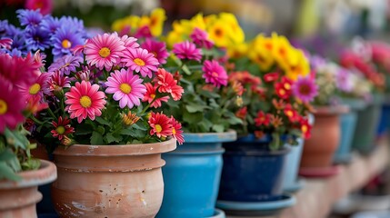 A vibrant display of colorful flowers in pots, showcasing nature's beauty and enhancing outdoor spaces.