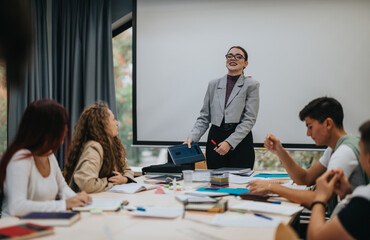 A confident teacher leads a classroom discussion, engaging with attentive high school students. The lively learning environment fosters communication and education, enhancing student collaboration and