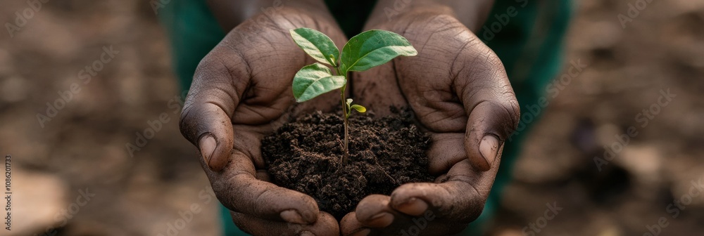 Poster two hands cradle a delicate seedling with rich soil, representing care for nature and a commitment t