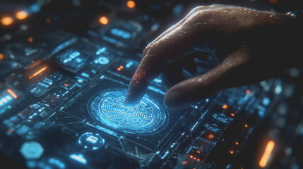 Close-Up of a Futuristic Fingerprint Scanning Technology on a High-Tech Interface with Glowing Elements and Digital Patterns