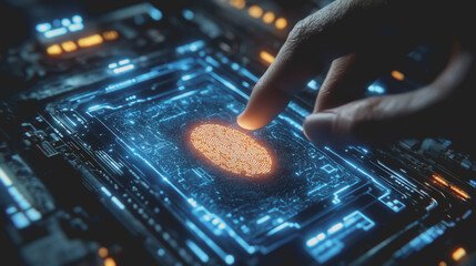 High-Tech Futuristic Fingerprint Scanning Concept with Close-Up View of Finger on Digital Circuit Board in a Sci-Fi Environment