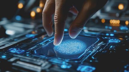 Close-Up of Futuristic Fingerprint Scanning Technology Captured on a High-Tech Digital Interface with Glowing Elements