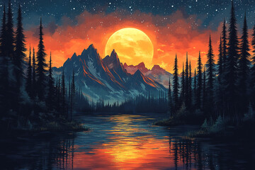 Majestic Mountain Lake Sunset With Full Moon And Forest