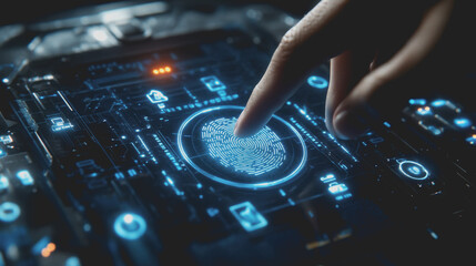 Advanced futuristic fingerprint scanning technology highlighting a close-up of a human finger interacting with a digital interface showcasing biometric identification features.