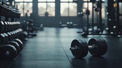 A dimly lit gym interior featuring dumbbells and a workout area.