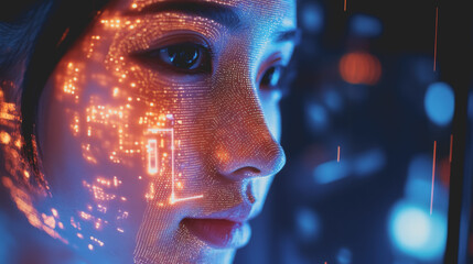 Close-Up of High-Tech Biometric Authentication System Highlighting Facial Features and Digital Patterns in a Futuristic Context
