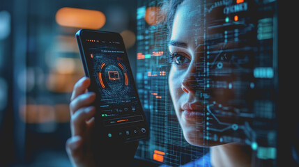 Close-Up of a High-Tech Biometric Authentication System Demonstrated on a Smartphone with User Interface and Digital Data Overlays Showcasing Innovation in Security Technology