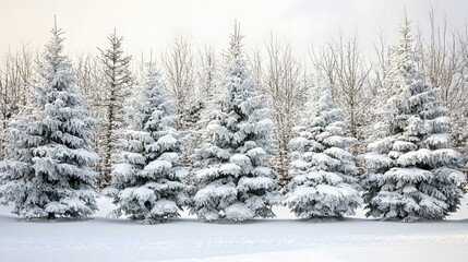 Obraz premium Five Snow-Covered Pine Trees Against a Winter Sky