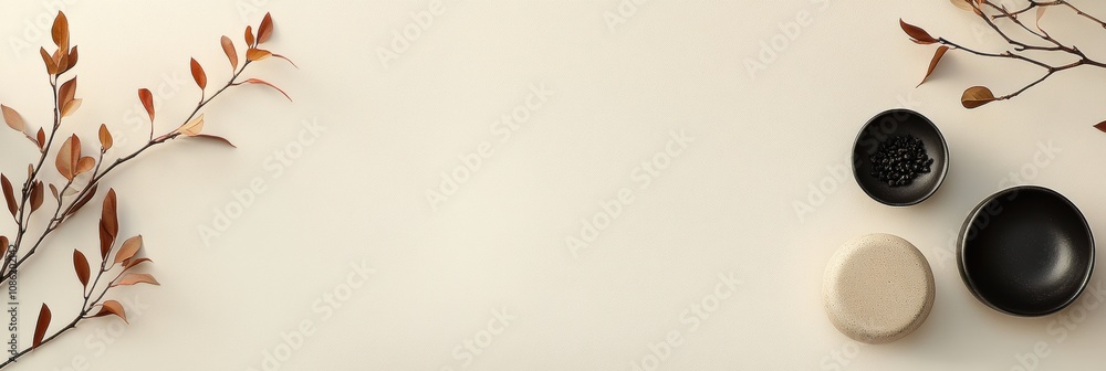 Fototapete a stylish tabletop features autumn leaves and two minimalist bowls, one light and one dark, creating