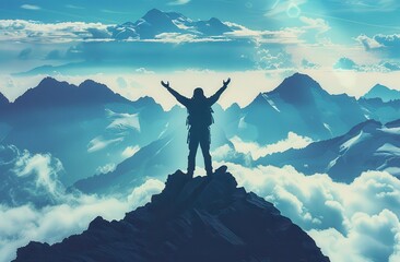 Climber Triumphantly Stands Atop Majestic Mountain Peak