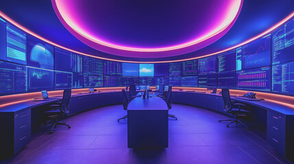 High-Tech Control Room with Monitors and Displays for Business Professionals in a Modern, Upscale Setting
