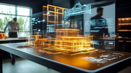 6. A digital design agency office with holographic displays of architectural models, interactive 3D prototypes, and augmented reality tools for designers