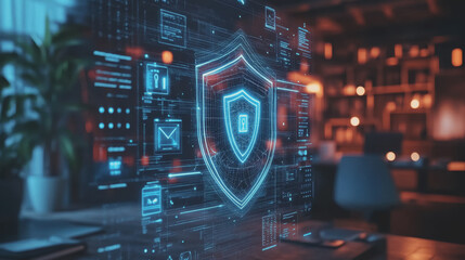 Obraz premium Sleek Modern Office Space Featuring Futuristic Digital Security Interface with Interactive Elements for Enhanced Technology and Safety in Work Environment