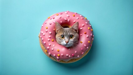 A mischievous gray cat peeking through the hole of a large pink frosted donut on a soft pastel blue background.  