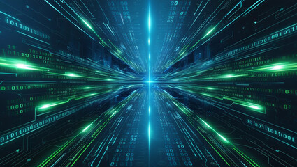 Obraz premium A futuristic, high-tech abstract digital background with a mesmerizing mosaic of binary code and AI algorithms streaming in a dynamic, circuit-board-like pattern, set against a deep, electric blue dar