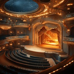 Obraz premium A grand theater interior with ornate design, empty seating, and a lit stage.