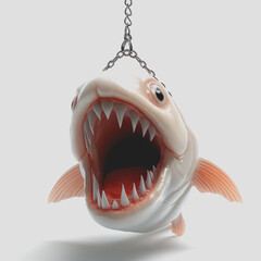 Naklejka premium Creative of a Shark Hanging from a Chain Against a White Background, Representing Danger of Phishing Scams in Digital Contexts