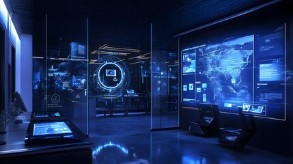 10. A technology startup office with holographic prototypes of wearable devices and interactive displays showing app interfaces