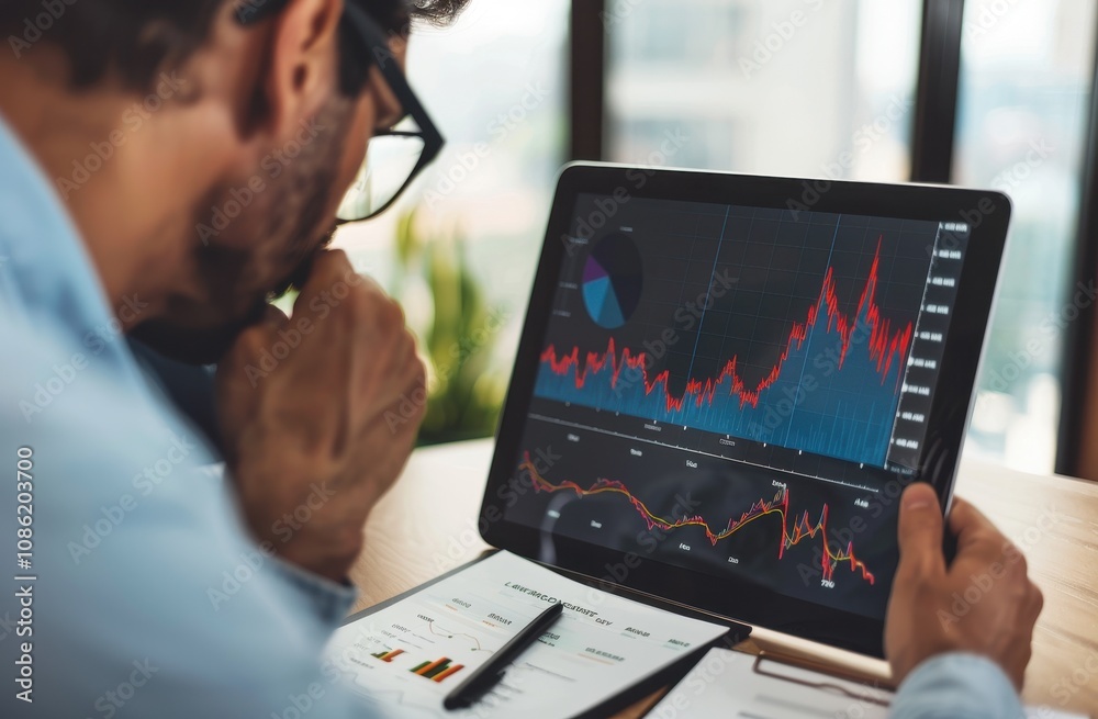 Poster man analyzing financial data charts on tablet