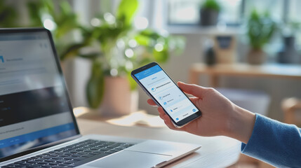 Concept of Two-Factor Authentication with a Person Holding a Smartphone and Using a Laptop in a Bright Modern Workspace