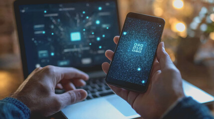 Concept of Two-Factor Authentication Illustrated by a Person Holding a Smartphone While Using a Laptop in a Modern Digital Environment