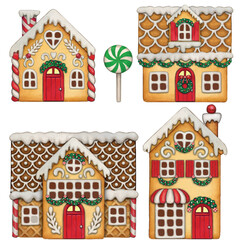 Watercolor hand drawn gingerbread house
