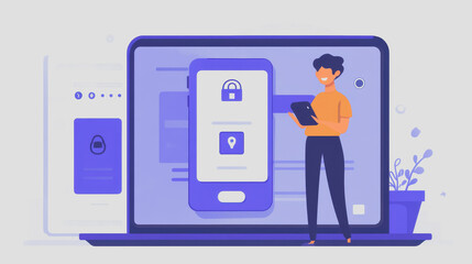 Illustrative Concept of Two-Factor Authentication Featuring a Person Using a Mobile Device Alongside Laptop for Enhanced Security in Digital Transactions