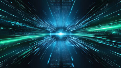 Obraz premium A futuristic, high-tech abstract digital background with a mesmerizing mosaic of binary code and AI algorithms streaming in a dynamic, circuit-board-like pattern, set against a deep, electric blue dar