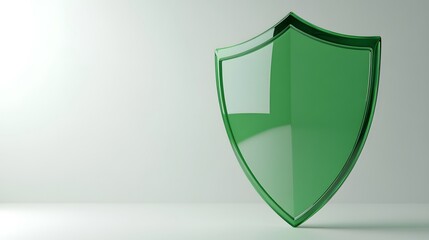 A 3D protection concept with a shield on a white background. Green shield icon