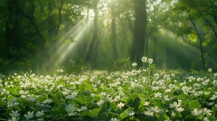 Fototapeta premium Sunlit Forest Floor With Delicate White Flowers