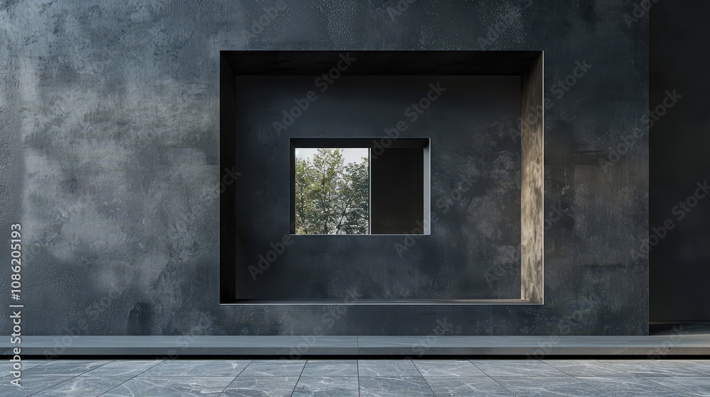 Poster dark grey wall with recessed window showing trees