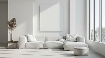 Minimalist White Living Room With Sectional Sofa and Artwork