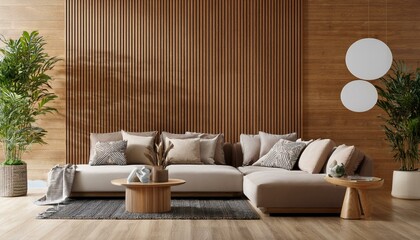 Modern living room with wooden wall and cozy furniture. 3D Rendering