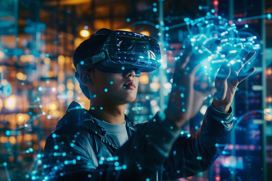 school student with VR headset using AI artificial intelligence technology 