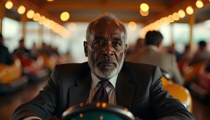 Black businessman with a serious expression in a bumper car at a fair or amusement park