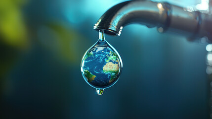 water tap drips droplet that reflects tiny planet, creating captivating visual of Earth. scene evokes sense of wonder and environmental awareness