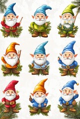 A whimsical gathering of colorful cartoon gnomes, each one striking a unique pose, radiating charm and cheerfulness in a playful, enchanting scene.