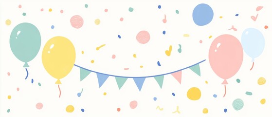 A vibrant array of colorful balloons and shimmering confetti dances against a crisp white background, evoking a festive and joyful atmosphere.
