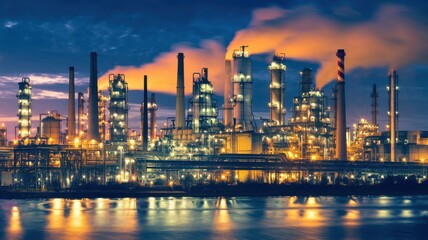 Fototapeta premium Illuminated industrial complex at dusk with smoke rising against a colorful sky.