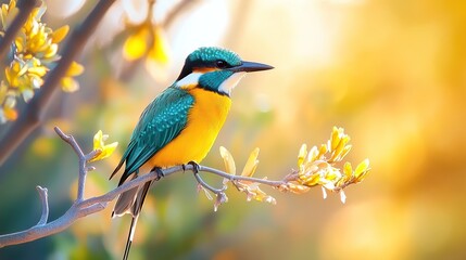 Naklejka premium A colorful bird perched on a branch amidst a softly blurred natural background.