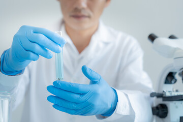 Fototapeta premium Scientist analyze biochemical sample in advanced scientific laboratory. Medical professional check chemical mix microbiological developmental of viral. Biotechnology research in science lab. cosmetic