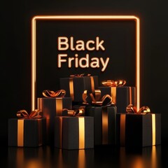 A vibrant close-up of wrapped presents, adorned with colorful bows, set against a glowing neon sign, creating a festive and cheerful atmosphere.