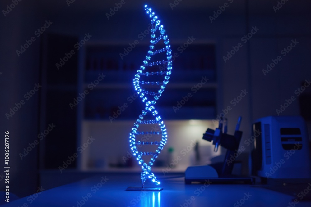 Leinwandbilder a blue-lit model of dna stands elegantly in a laboratory, highlighting the intricate double helix st