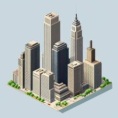 Fototapeta premium Isometric cityscape with tall buildings and trees.