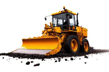Obraz premium A powerful yellow bulldozer with a large front blade, designed for heavy-duty construction and earth-moving tasks.
