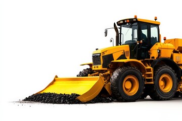 A large yellow bulldozer with an extended blade, designed for construction and earth-moving tasks, positioned with black material in front.